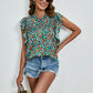 Ruffled Ditsy Floral Mock Neck Cap Sleeve Blouse