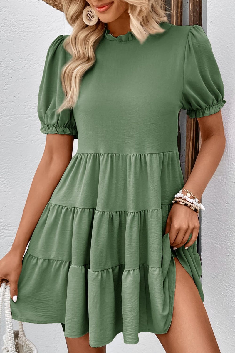 Puff Sleeve Tie Back Tiered Dress Matcha Green