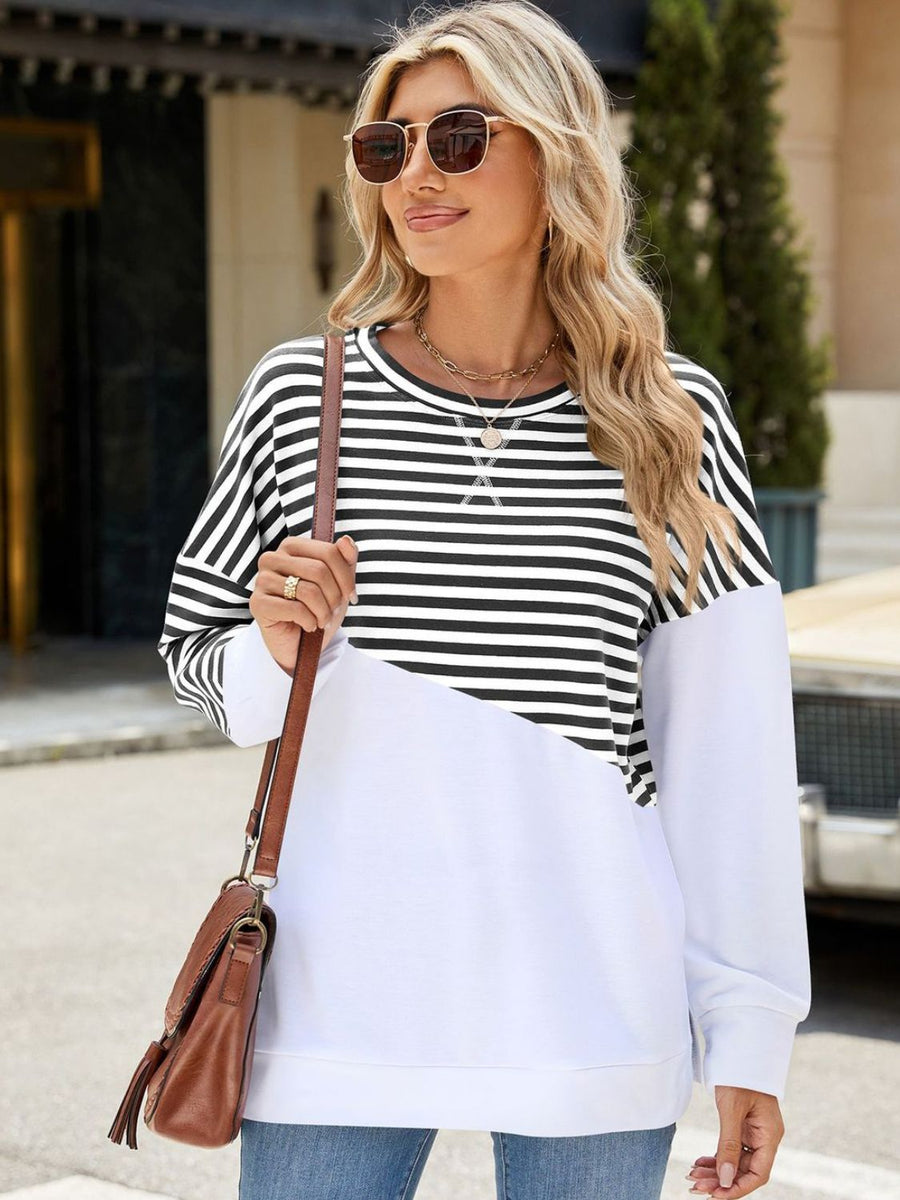 Slit Contrast Striped Long Sleeve Sweatshirt Black