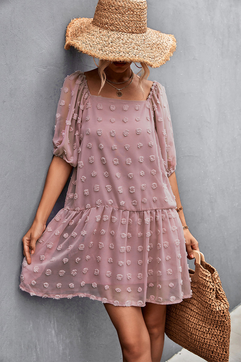 Swiss Dot Square Neck Half Balloon Sleeve Dress Pink