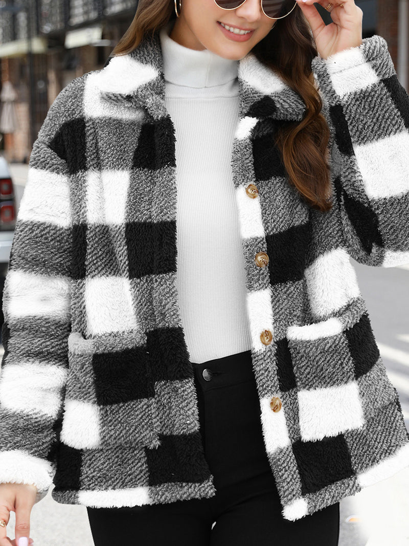 Button Up Drop Shoulder Fuzzy Jacket Black