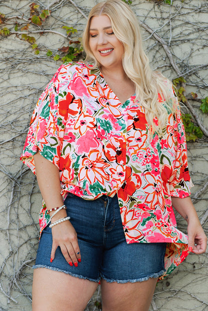 Plus Size Floral V-Neck Half Sleeve Shirt