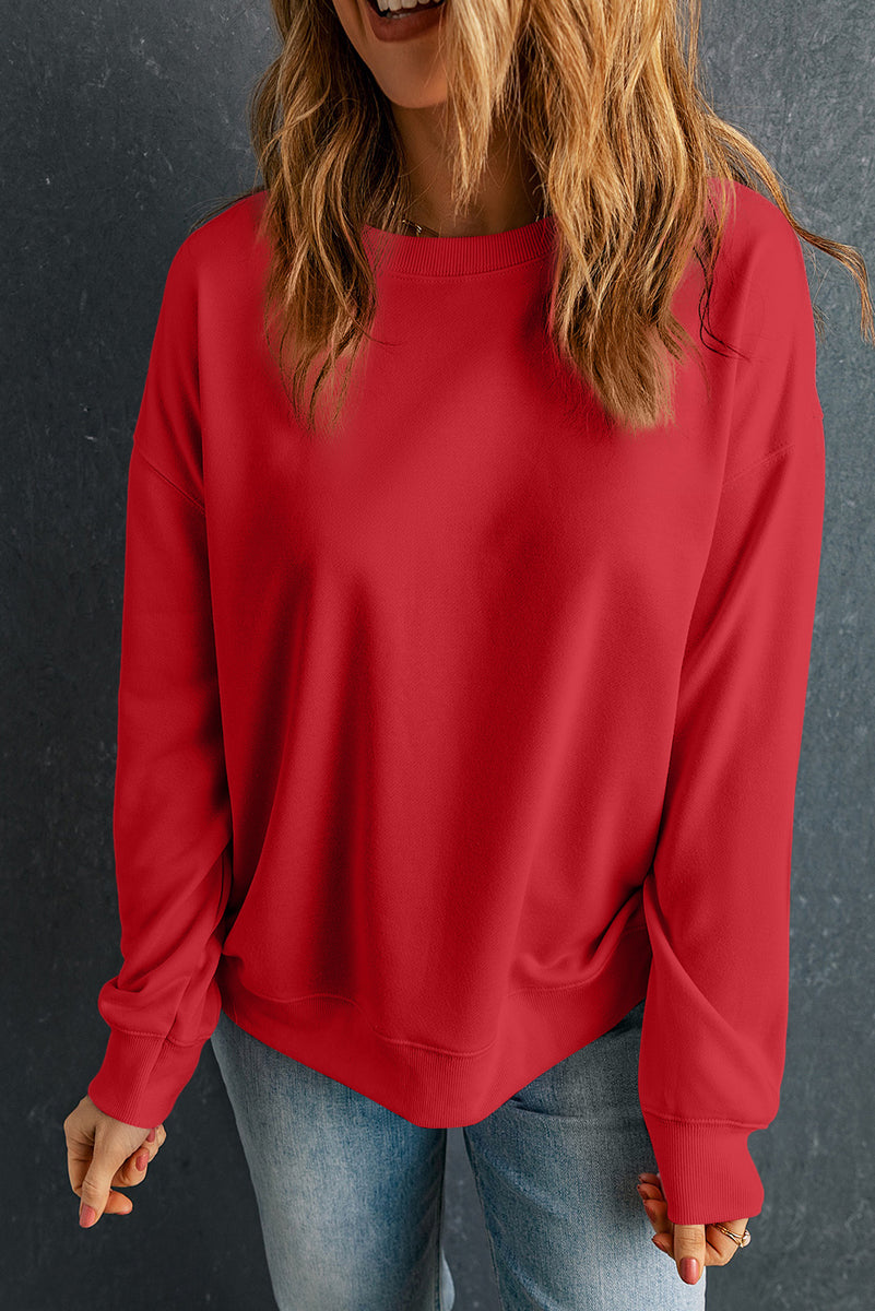 Round Neck Dropped Shoulder Sweatshirt Deep Red