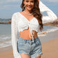 Drawstring Openwork Long Sleeve Cover-Up