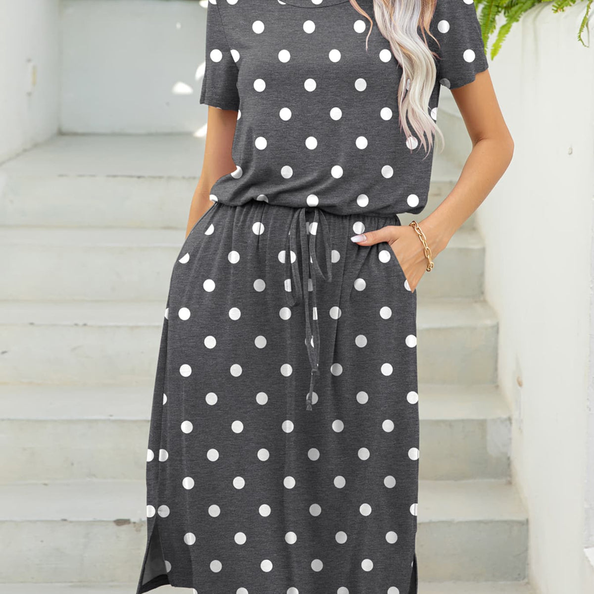 Round Neck Short Sleeve Slit Dress with Pockets Gray Dot