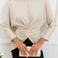 Boat Neck Back Tie Long Sleeve Satin Blouse