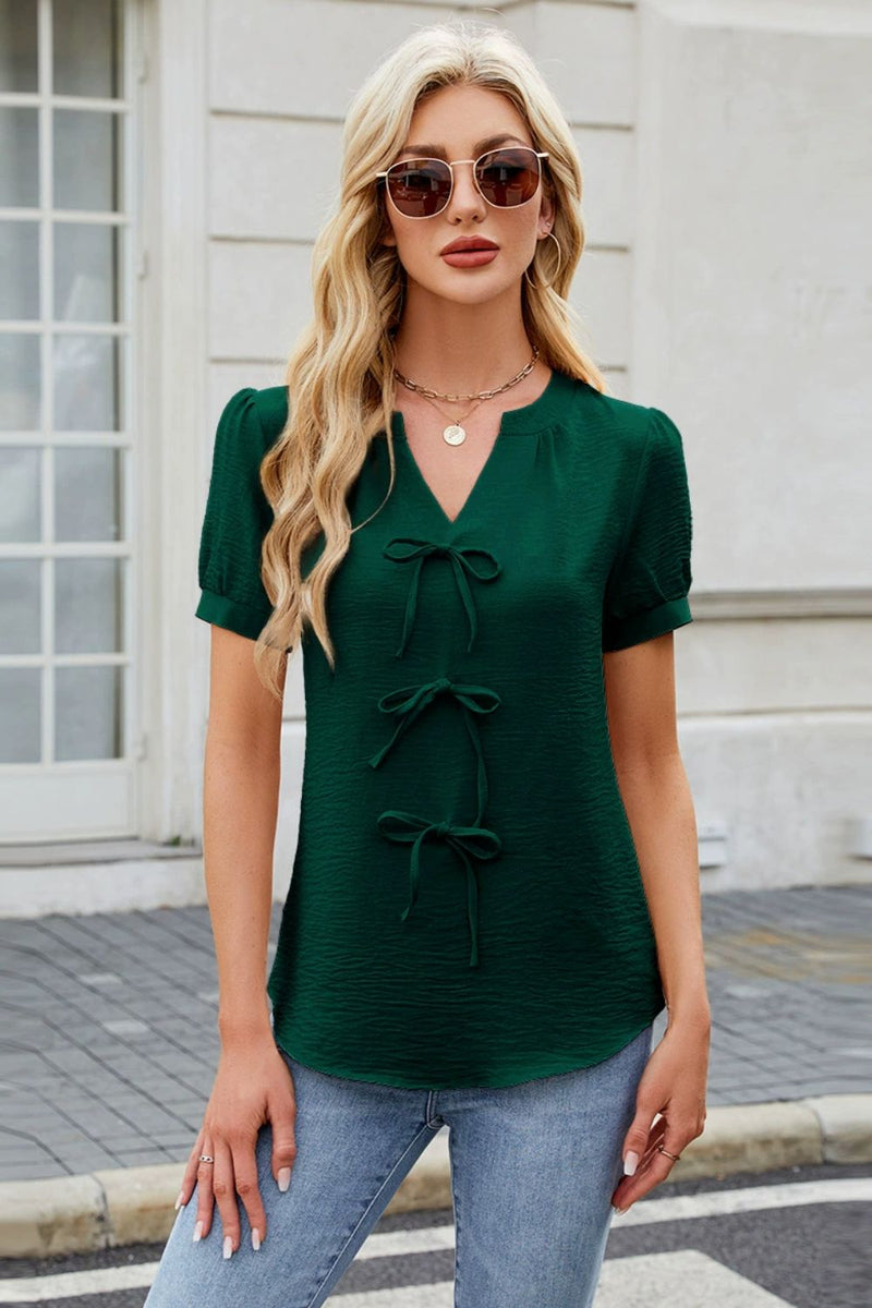 Notched Short Sleeve Blouse Dark Green