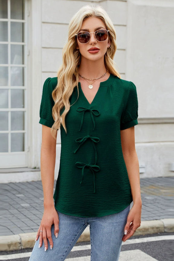 Notched Short Sleeve Blouse Dark Green
