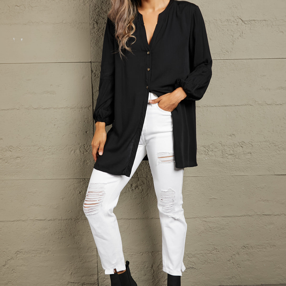 Ivy Lane Notched Neck Balloon Sleeve Shirt