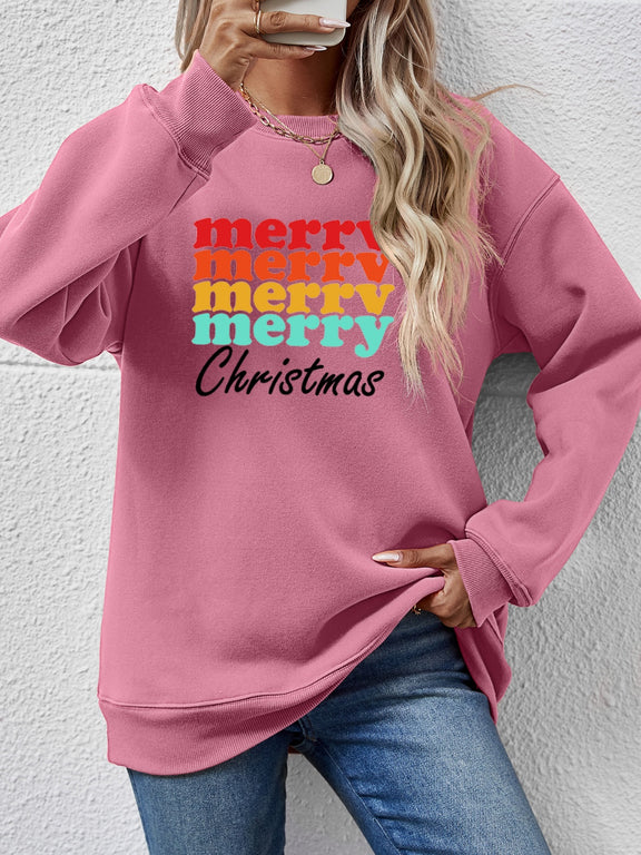 MERRY CHRISTMAS Graphic Long Sleeve Sweatshirt Pink Purple