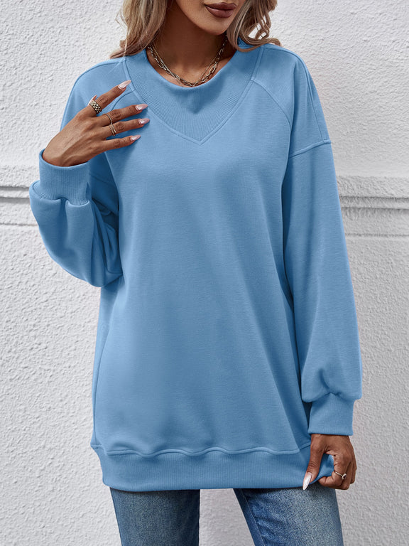 Round Neck Drop Shoulder Long Sleeve Sweatshirt Pastel Blue