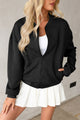 Texture Zip Up Baseball Collar Long Sleeve Jacket Black