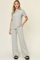 Double Take Full Size Round Neck Short Sleeve T-Shirt and Wide Leg Pants Set Light Gray