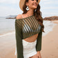 Openwork Boat Neck Long Sleeve Cover-Up