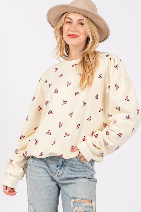 SAGE + FIG Heart Printed Contrast Long Sleeve Sweatshirt Cream
