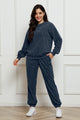 Corduroy Round Neck Sweatshirt and Sweatpants Set Dark Blue
