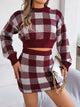 Plaid Round Neck Top and Skirt Sweater Set Burgundy