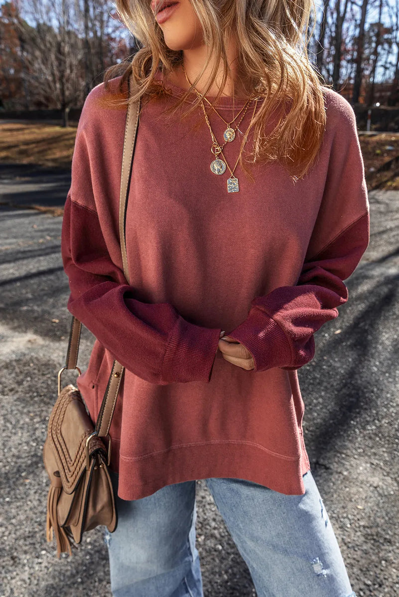 Contrast Round Neck Long Sleeve Sweatshirt Rust