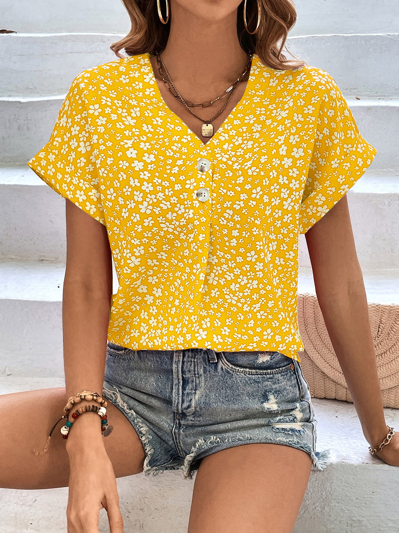 Printed V-Neck Short Sleeve Blouse