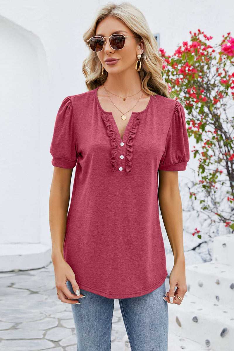 Frill Notched Short Sleeve Blouse Hot Pink