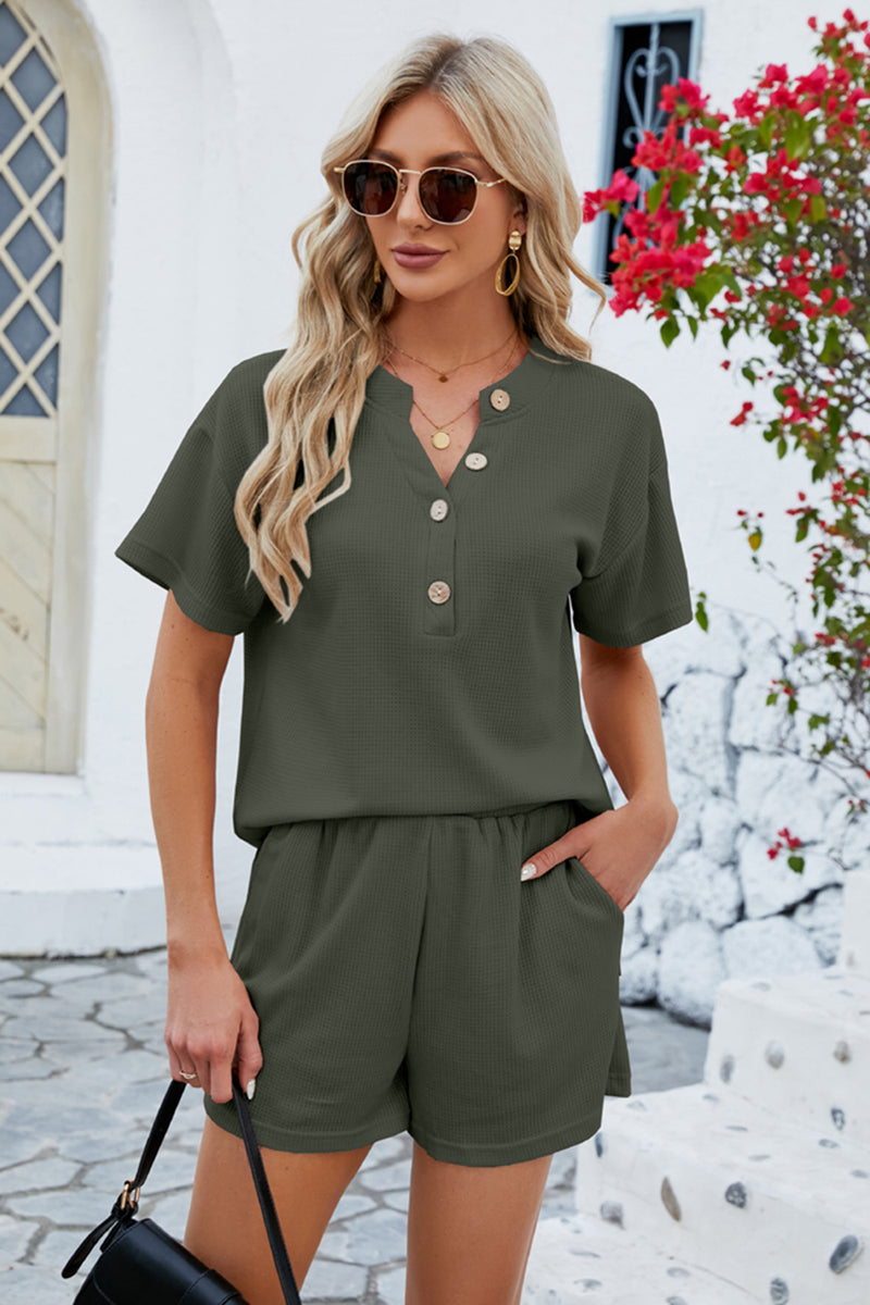 Notched Button Detail Dropped Shoulder Top and Shorts Set Matcha Green