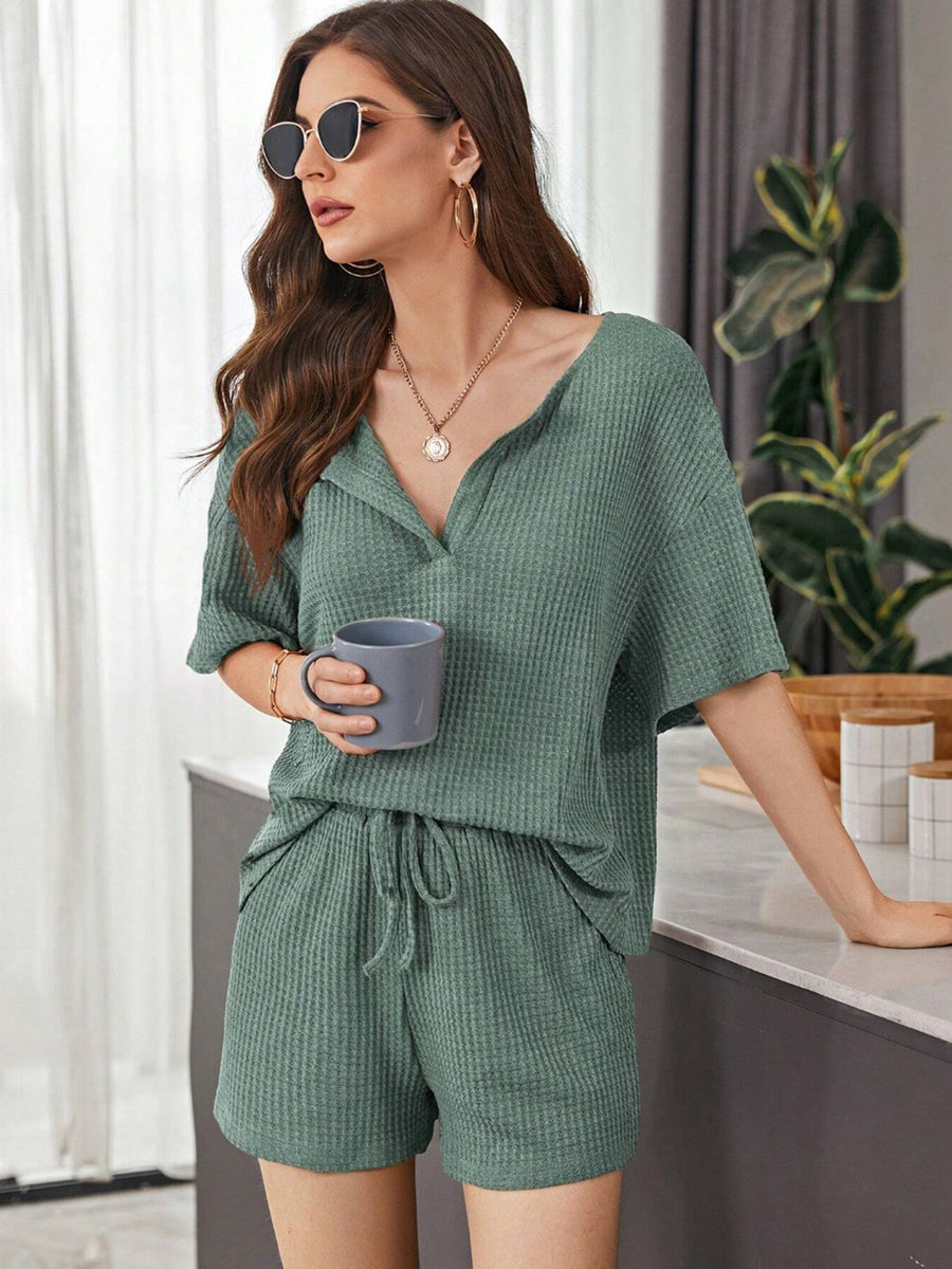 Full Size Waffle-Knit Dropped Shoulder Top and Shorts Set Deep Teal