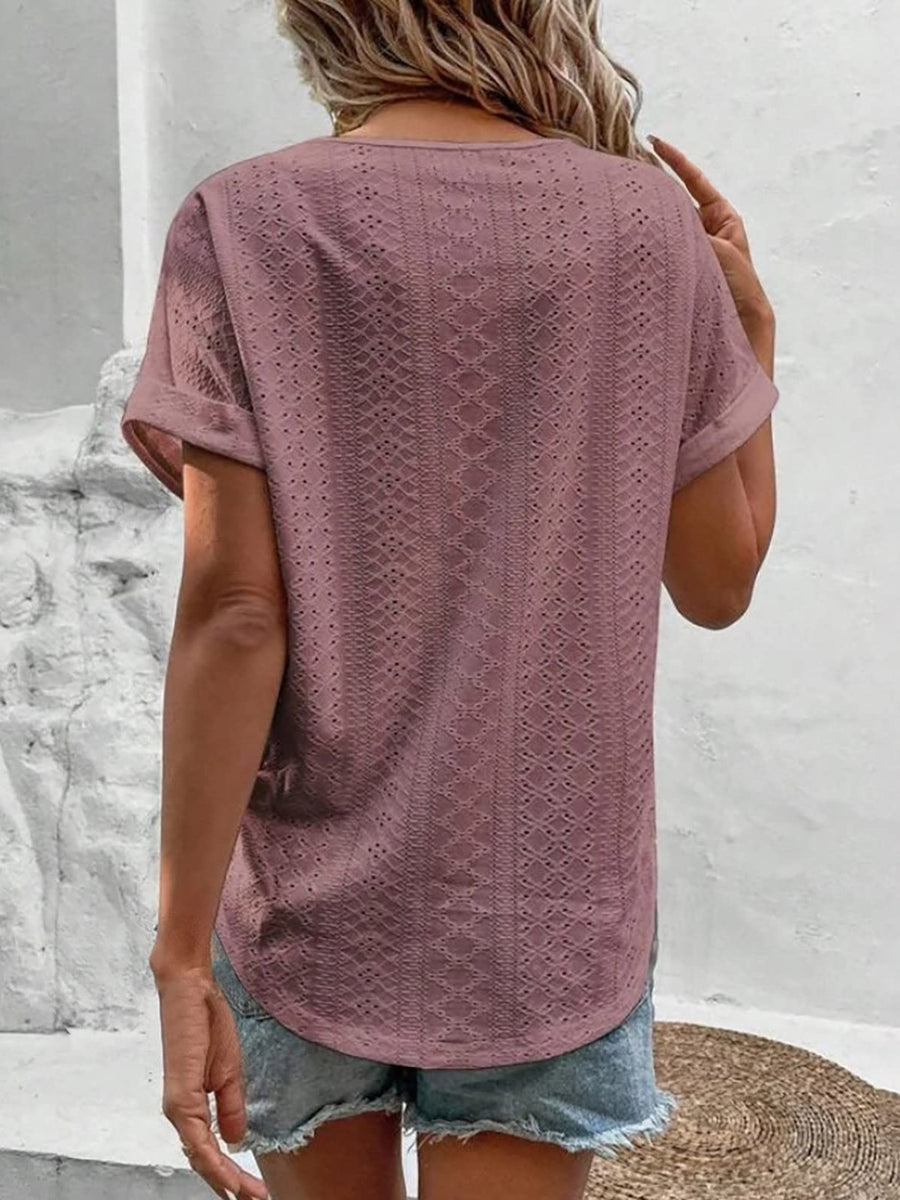Eyelet V-Neck Short Sleeve Blouse Pink Purple