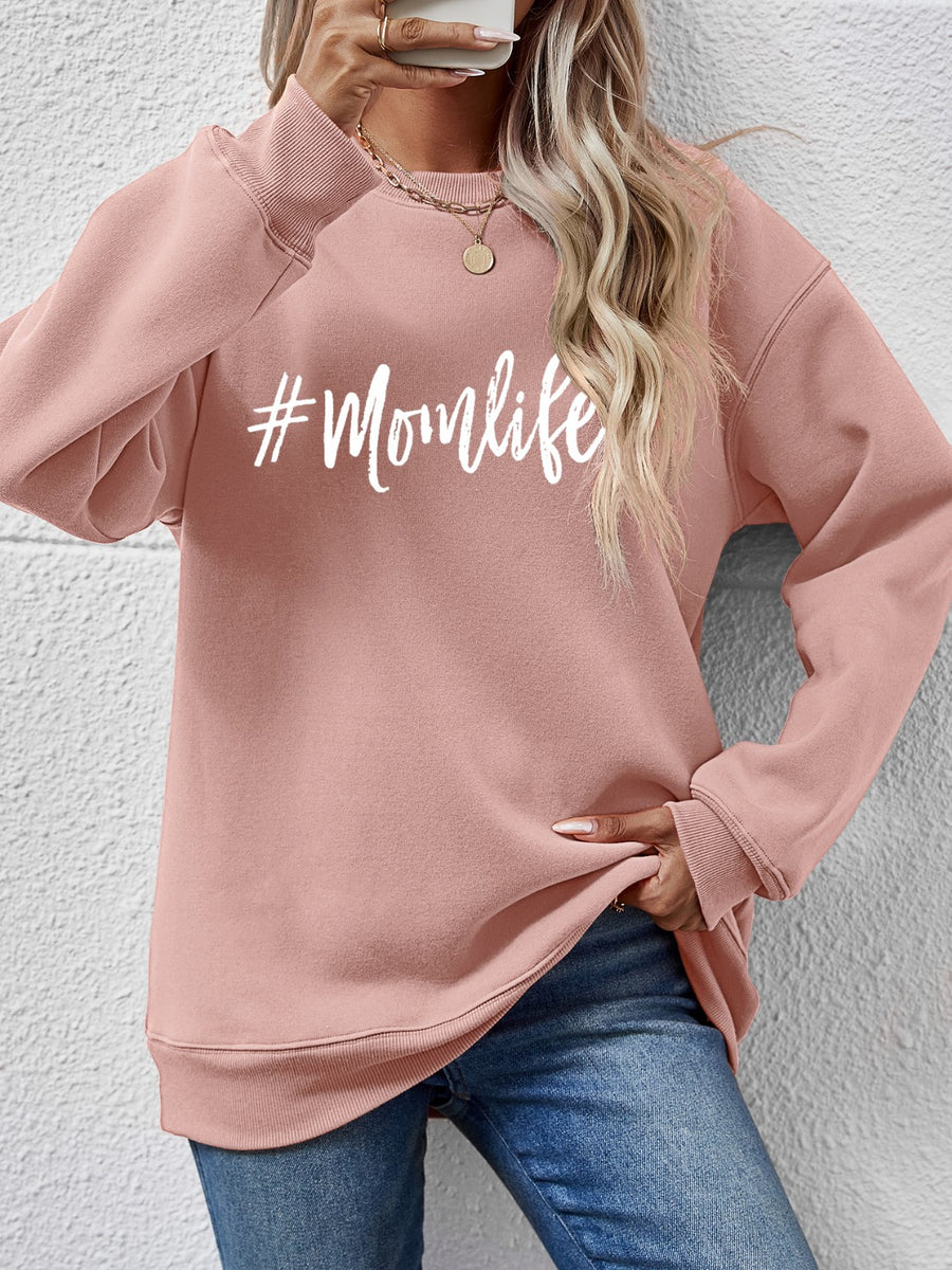 Letter Graphic Round Neck Sweatshirt Blush Pink
