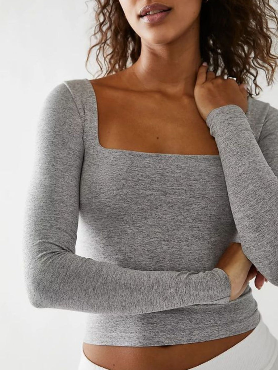 Square Neck Long Sleeve T-Shirt Light Gray