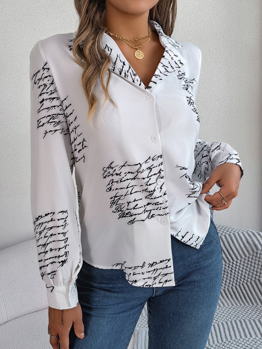 Letter Printed Button Up Long Sleeve Blouse White