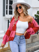 Angel Wings Striped Open Front Dropped Shoulder Cardigan Deep Red