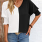 Contrast V-Neck Lantern Sleeve Blouse