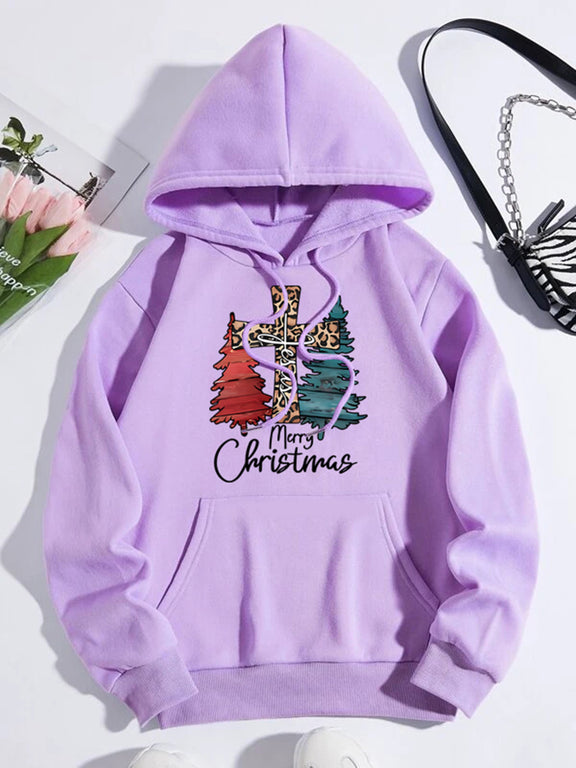 MERRY CHRISTMAS Graphic Drawstring Hoodie Lilac