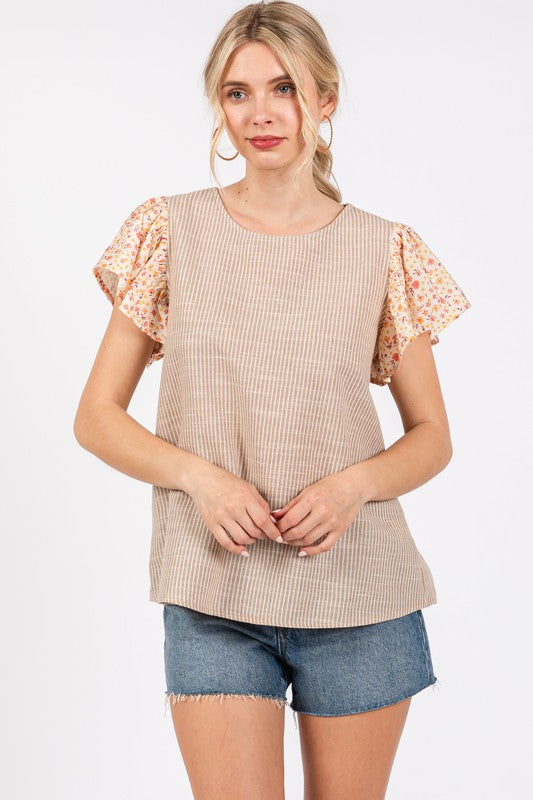 Ces Femme Round Neck Floral Short Sleeve Top