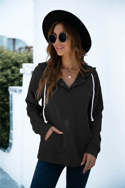 Quarter Snap Drawstring Hoodie with Kangaroo Pocket Black