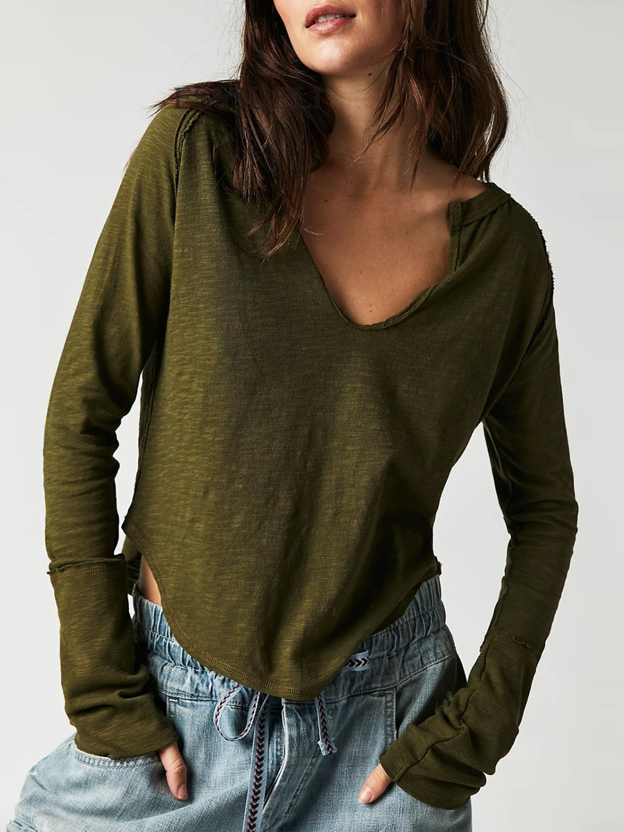Exposed Seam Notched Long Sleeve T-Shirt Army Green
