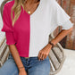 Contrast V-Neck Lantern Sleeve Blouse