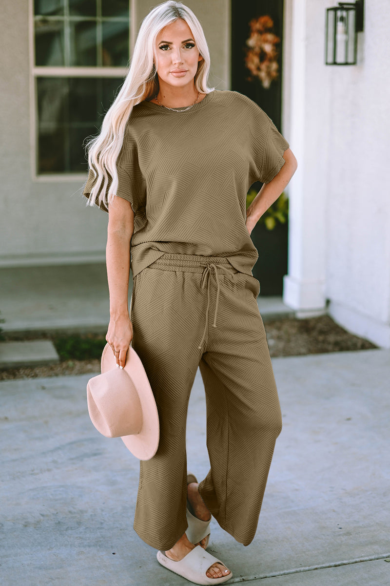 Short Sleeve Top and Pants Set Khaki
