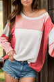 Exposed Seam Leopard Color Block Round Neck Top Dusty Pink