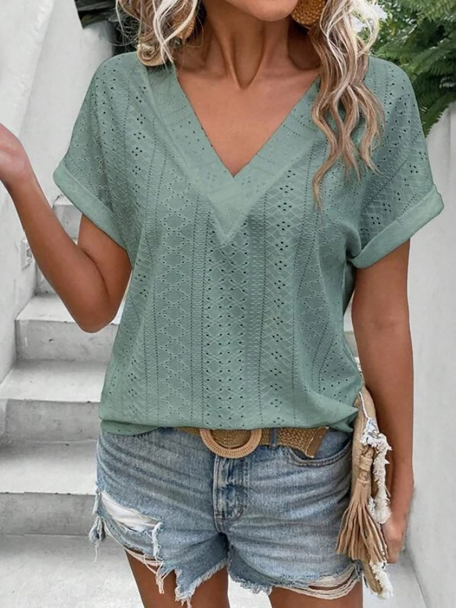 Eyelet V-Neck Short Sleeve Blouse Sage