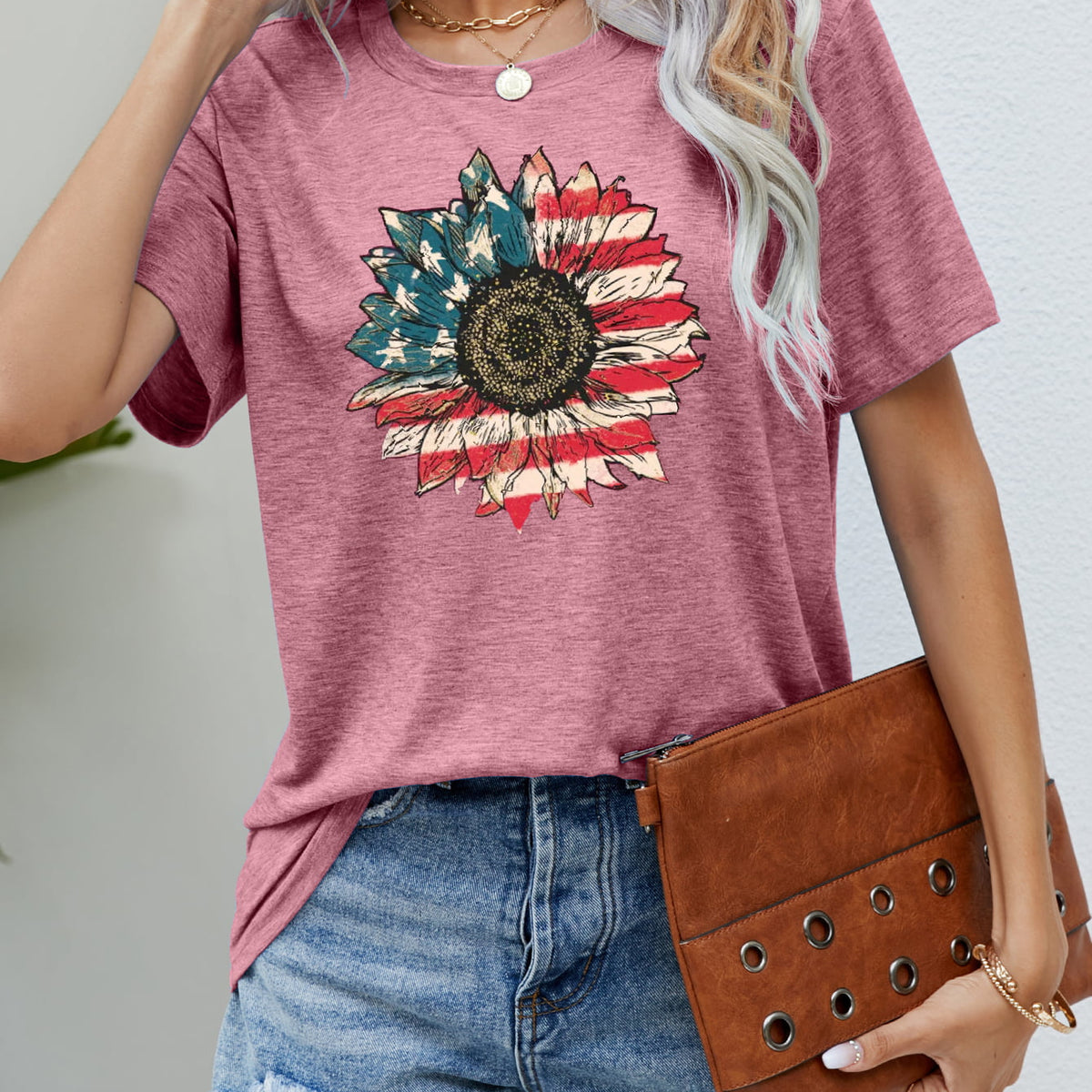 US Flag Flower Graphic Tee Dusty Pink
