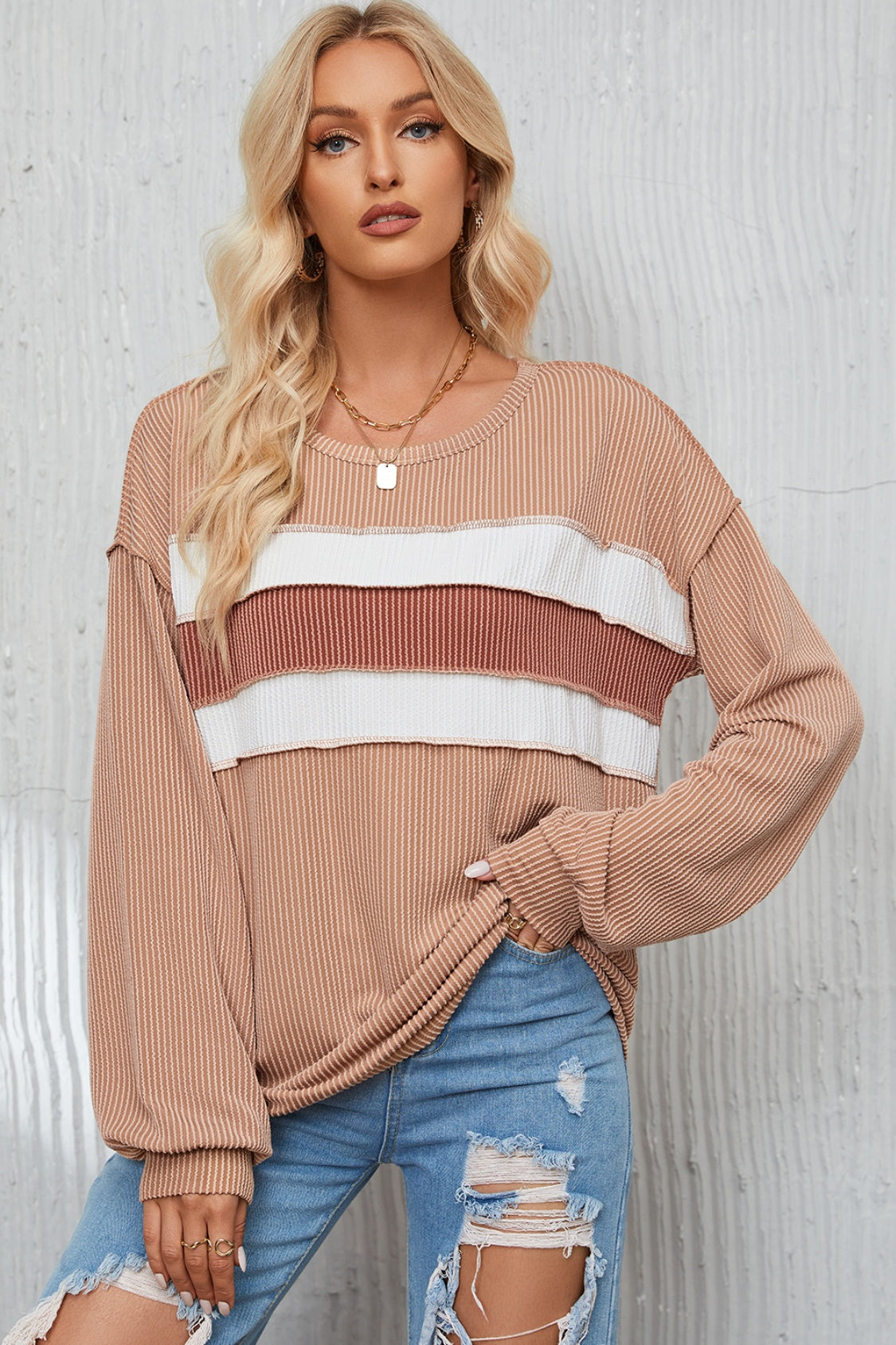 Ribbed Color Block Exposed Seam Round Neck Blouse