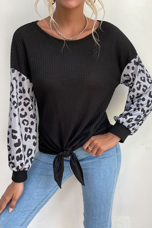 Perfee Leopard Print Sleeve Tie Front Top