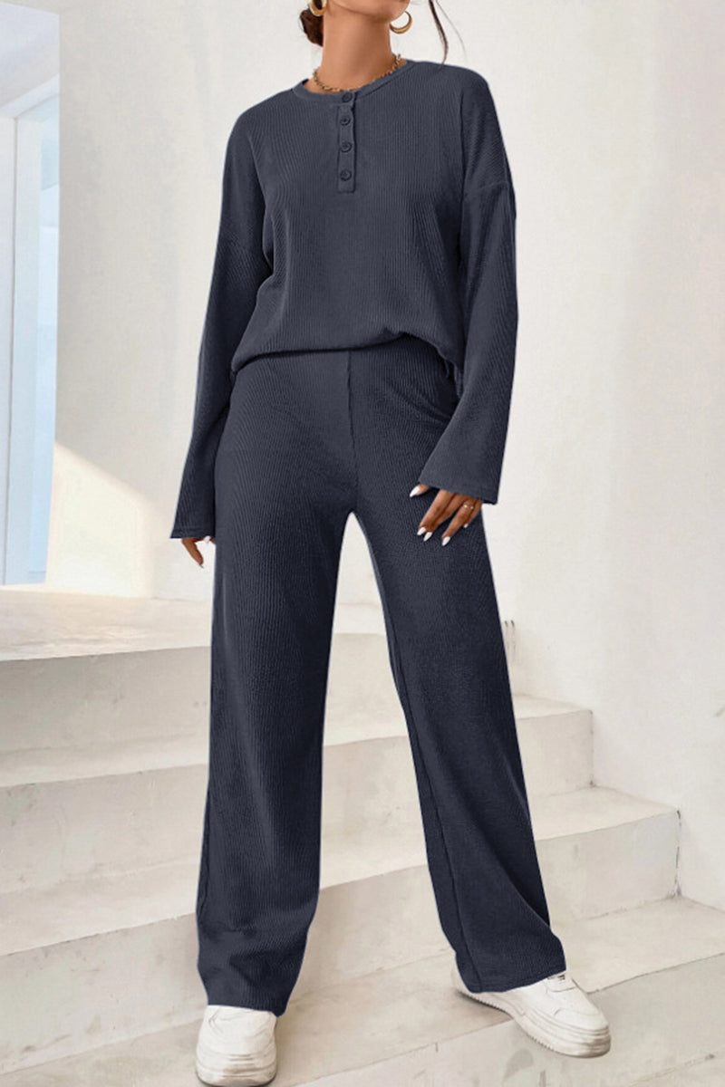 Ribbed Half Button Top and Pants Set Dark Blue