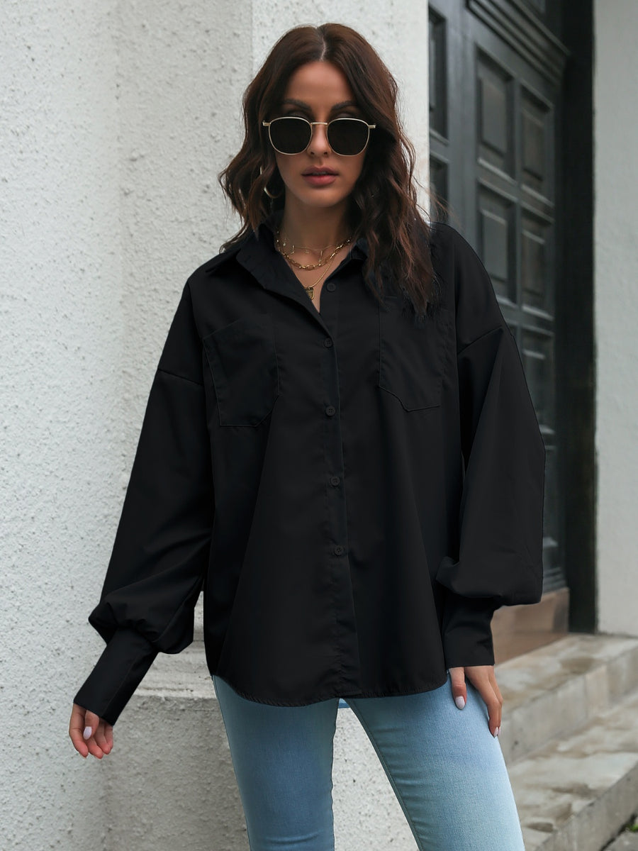 Collared Neck Dropped Shoulder Buttoned Shirt Black