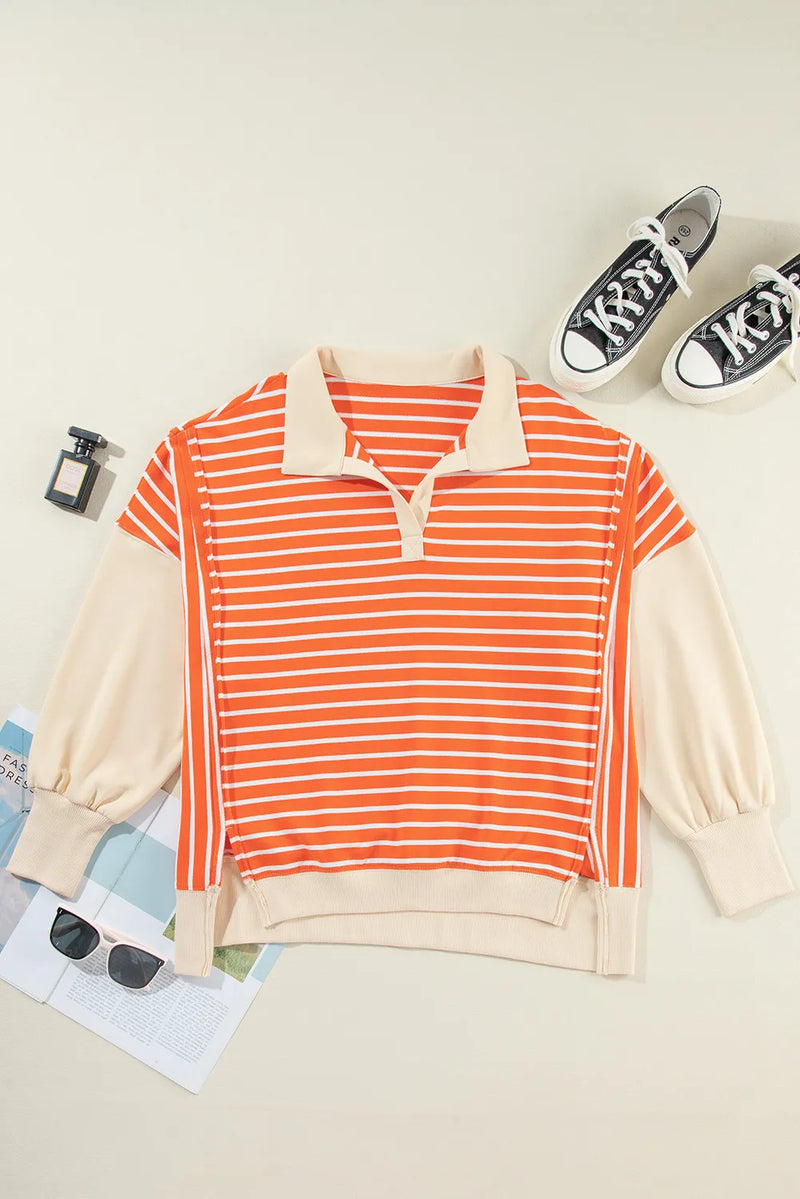 Slit Striped Long Sleeve Sweatshirt