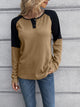 Ivy Lane Contrast Buttoned Round Neck Raglan Sleeve Top Khaki