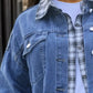 Plus Size Plaid Collared Neck Raw Hem Denim Jacket