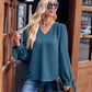 V-Neck Tie Cuff Puff Sleeve Blouse