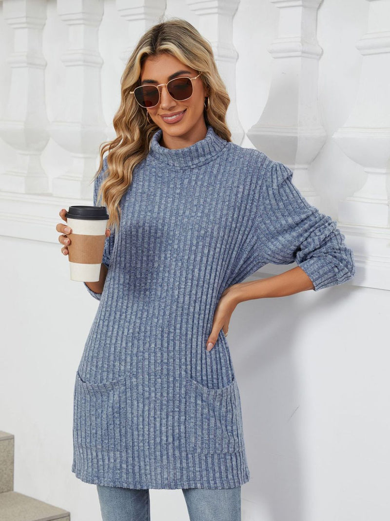 Ribbed Mock Neck Long Sleeve T-Shirt Dusty Blue
